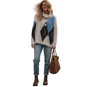 Lili Sidonio Argyle Turtleneck Sweater M/L Cozy Knit Pullover Blue Black Cream